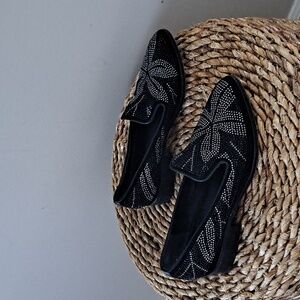 DONALD J. PLINER Womens‎ Coco Black Suede/Rhinestones Floral Print Loafers S-6